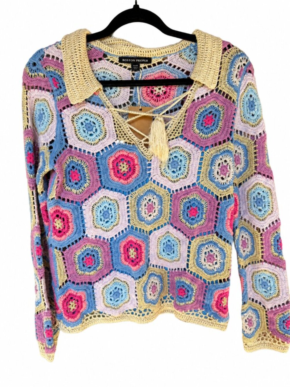 Boston Proper Metallic Crochet Hexagon Sweater Festival Multicolor M Boho